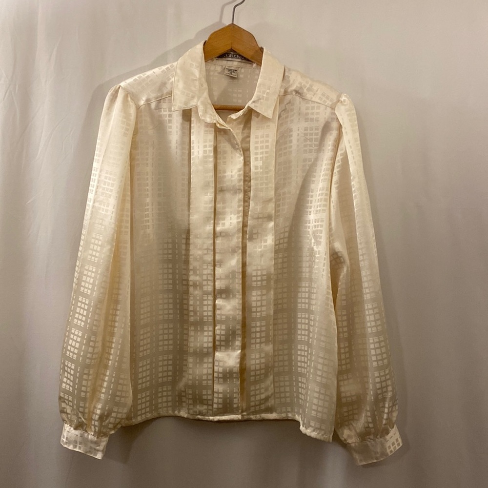 Vintage Joan Harper Women’s Blouse 12 Long Sleeve Button Up Shoulder Pads Ivory